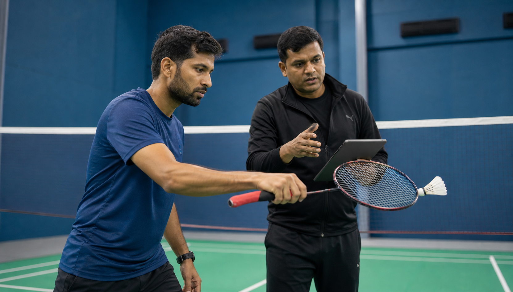 Adult badminton player receiving coaching during a training session