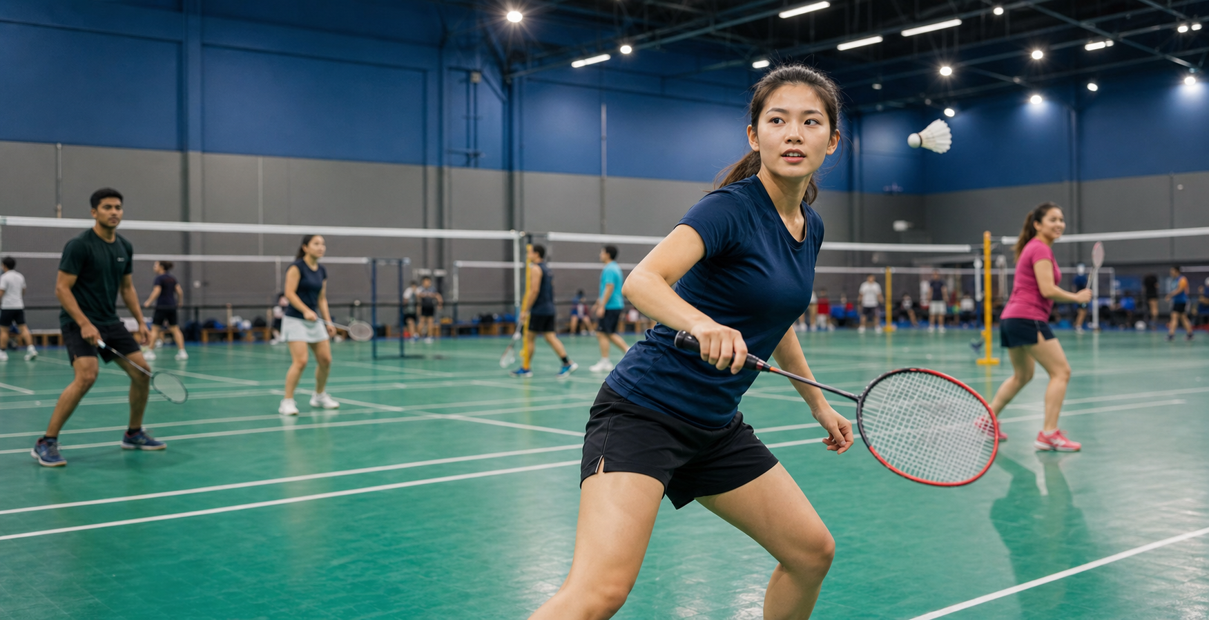 Group of badminton players in a modern indoor badminton centre