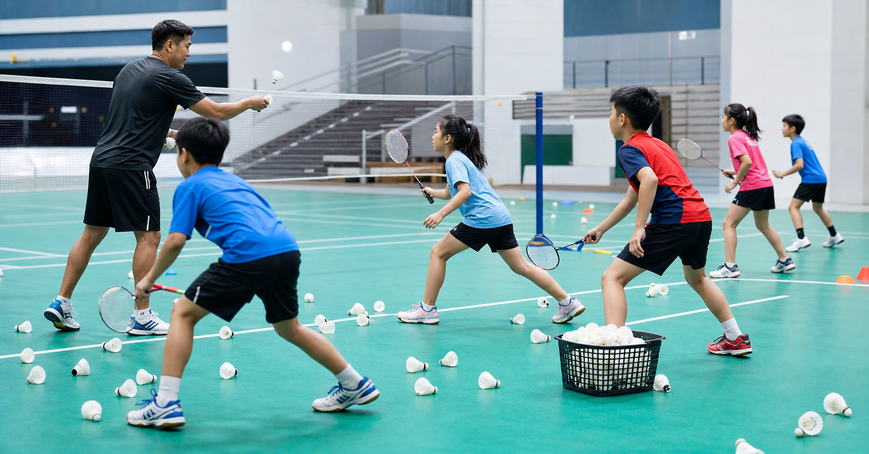 Junior badminton players training with a coach and shuttlecocks on the court