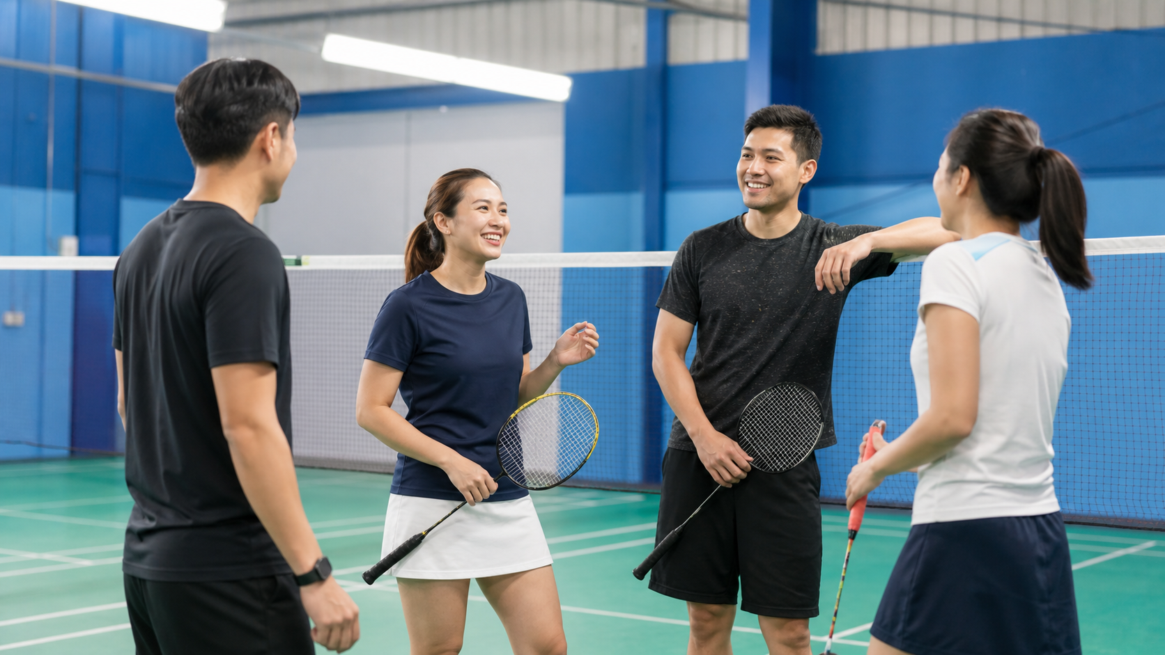 Friends chatting after a casual badminton session on an indoor court